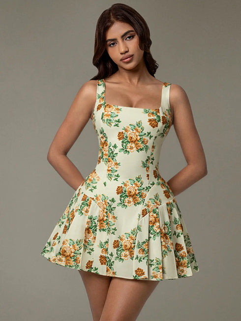 'Leocadia' Floral Pleated Mini Dress - Celes Fashion